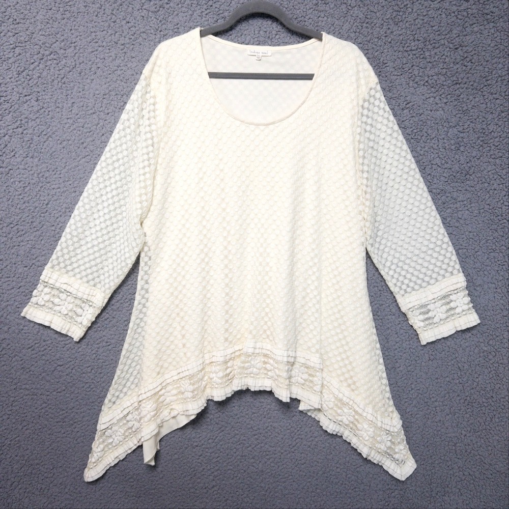 Indigo Soul Textured Mesh Overlay Lace Trim Sharkbite Scoop Cream Top Womens 2XL